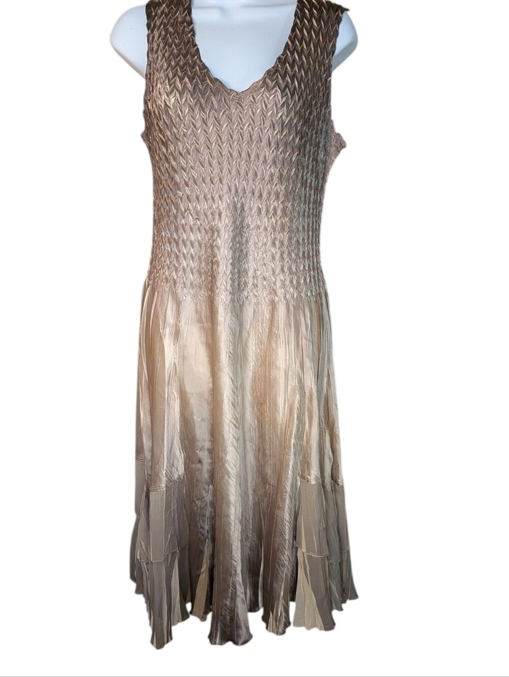 Komarov  Tiered Charmeuse & Chiffon Cocktail Dress in  Taupe Ombre...Size Large